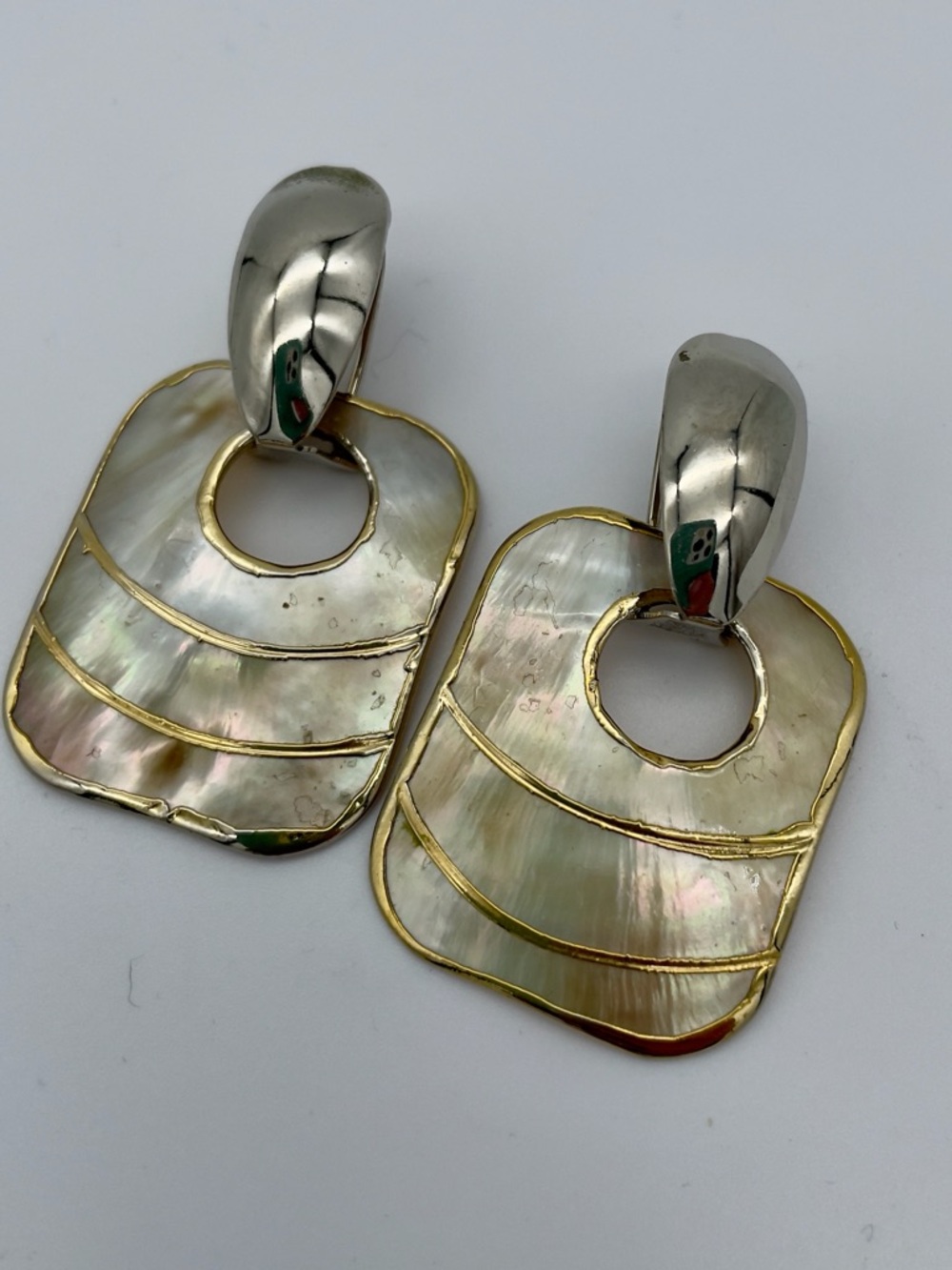 Vintage Mother of Pearl Pierced Statement Earrings Shell Gold Tone Silver Tone